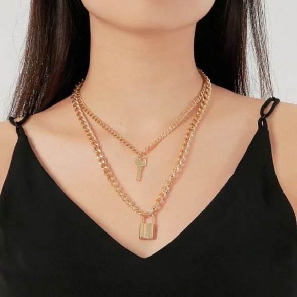 Lock And Key Gold Color Layered Necklace Lock Key Pendant Punk - Picture 1 of 2